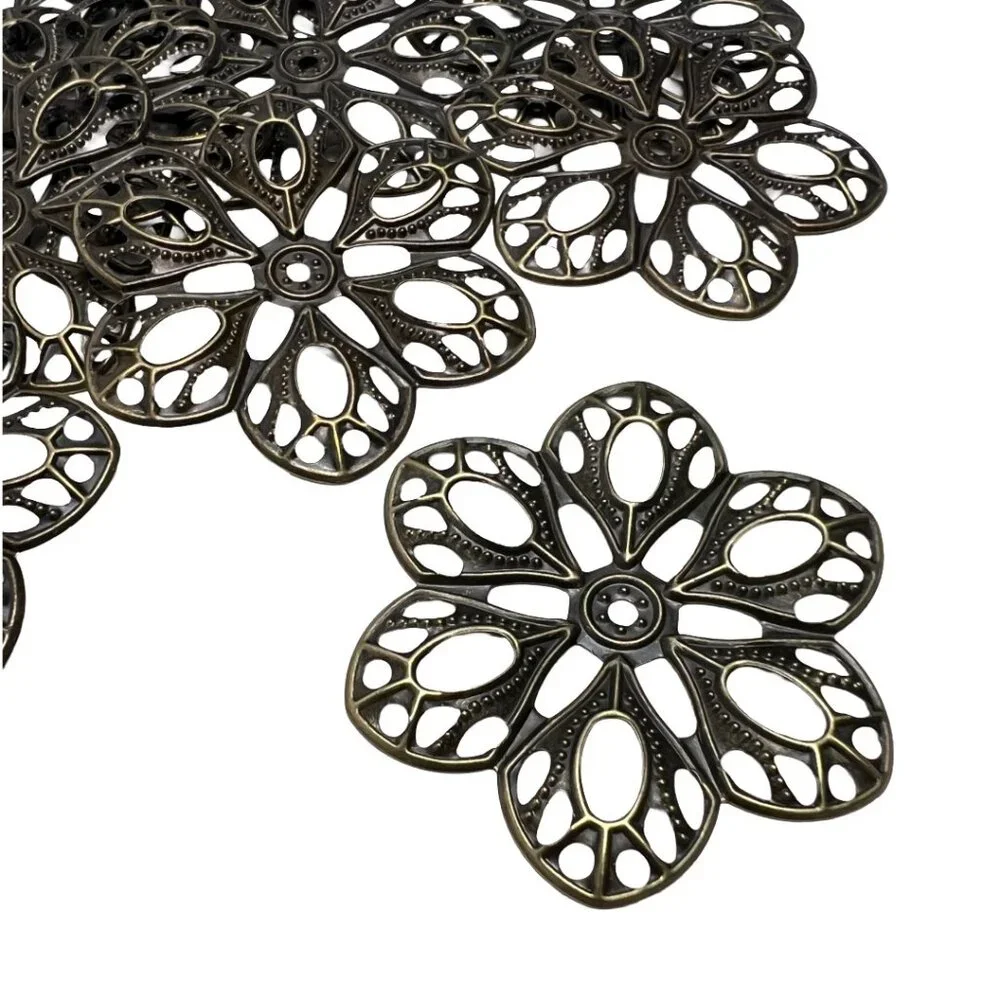 10 Large Filigree Openwork Flower Pendant Finding Stamping Antique Brass Tone